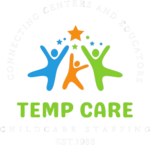 A black background with the words " temp care childcare staffing " written in green.
